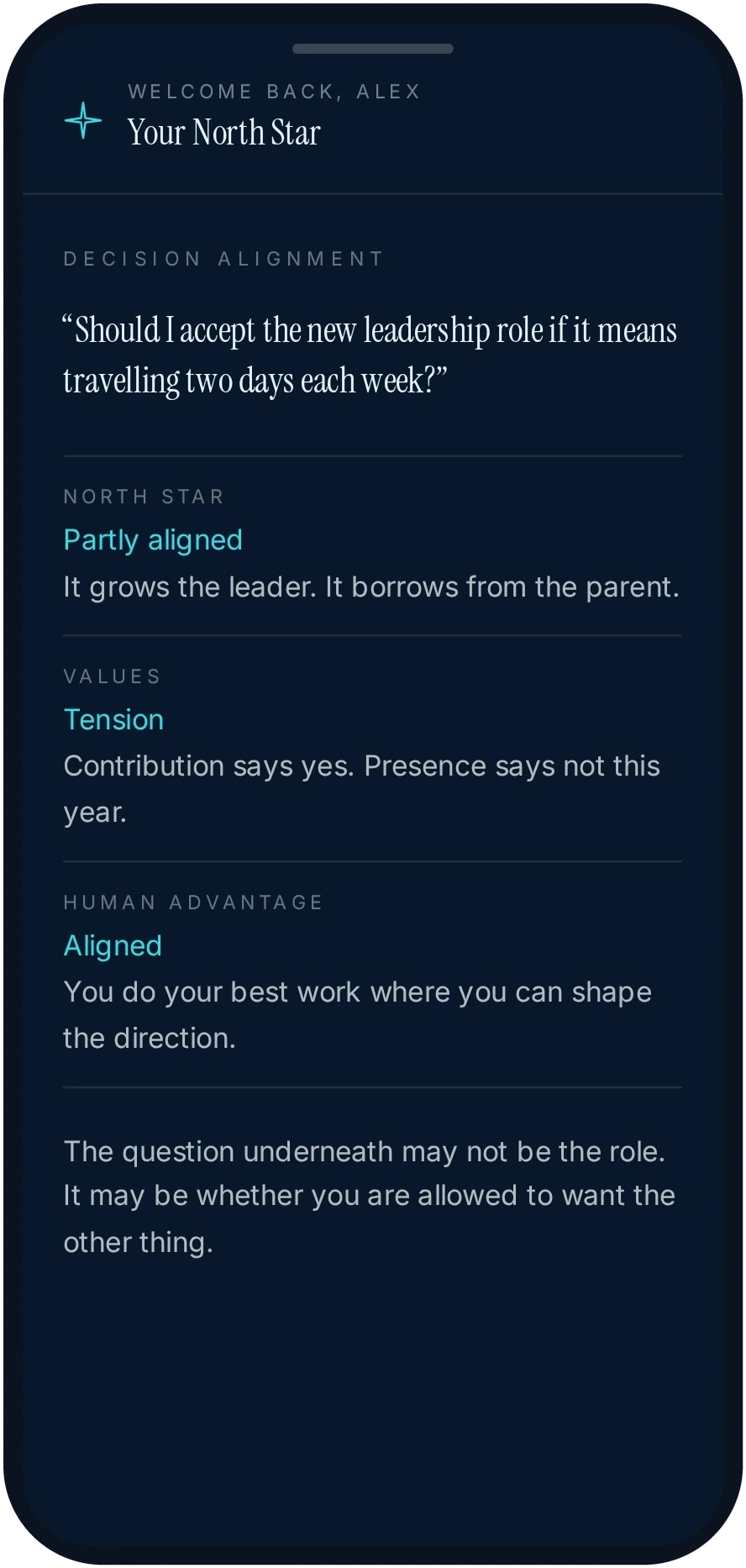 Fictional Your North Star decision alignment screen assessing a leadership decision against North Star, Values and Human Advantage.
