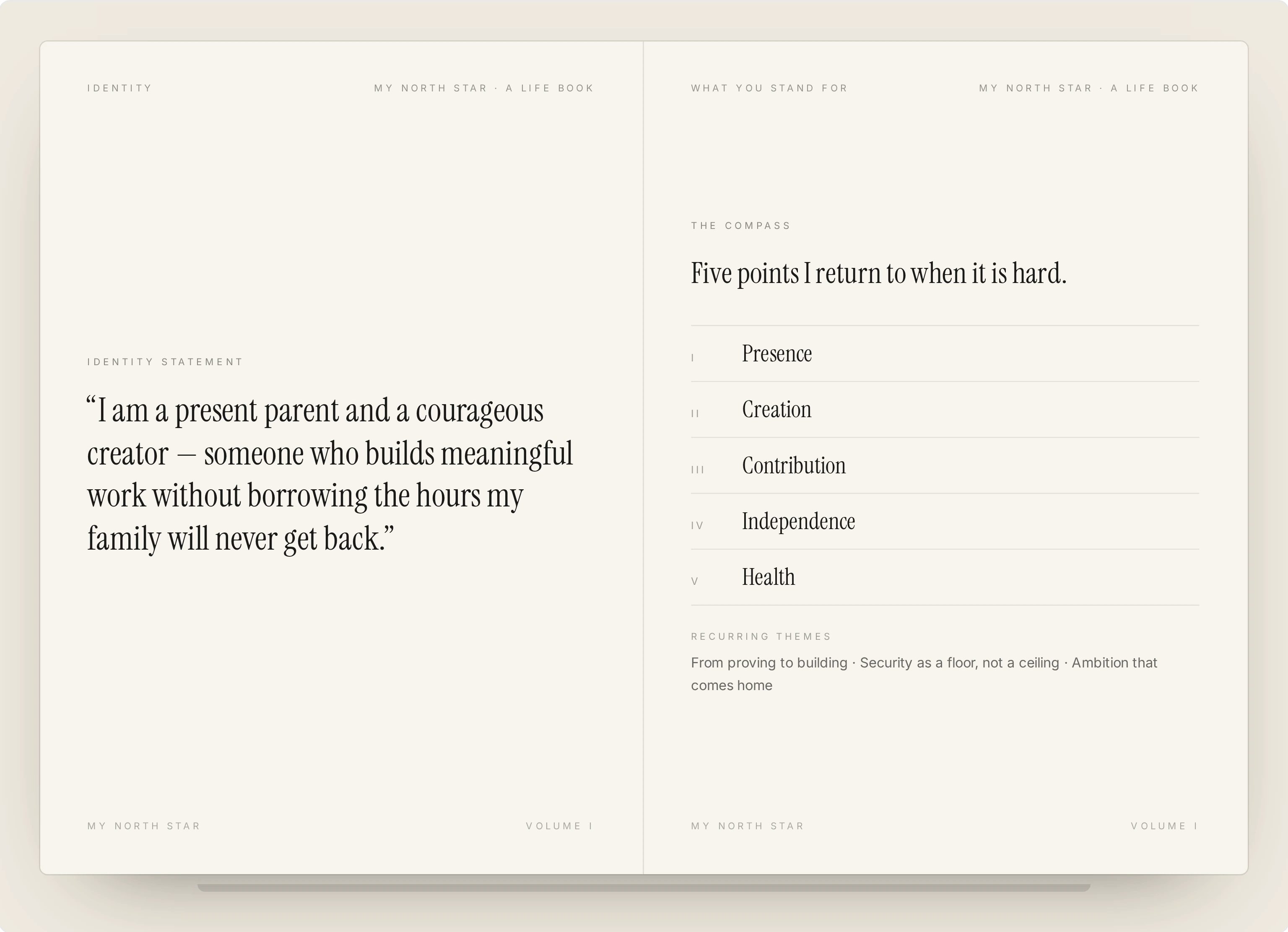 Fictional Your North Star Life Book showing an individual identity statement and personal values.